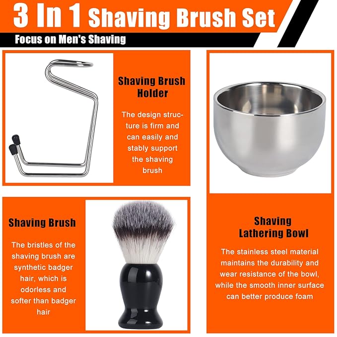 Shaving Brush, 3 In 1 Shaving Brush Set Includes Stainless Steel Shaving Stand and Bowl, Synthetic Badger Hair Shave Brush for Men's Shave Gift