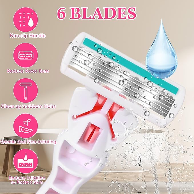 Lasnten 39 Pcs Disposable Women Razors 6 Blade Sensitive Skin Shaving Razor Set Include 3 Non Slip Handles and 36 Refills(Pink)