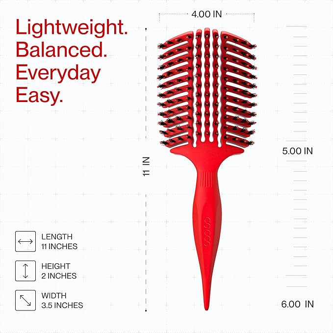 COCCO Aura Vent Boar Brush | Vented Dual-Curved Design for Faster Drying, Effortless Detangling & Shine, Boar + Nylon Bristles, Ergonomic Comfort Handle for Wet & Dry Hair Styling - Red