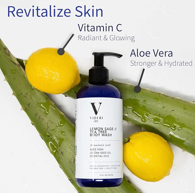 Sulfate Free Body Wash for Sensitive Skin Lemon Sage & Tea Tree Body Wash - Essential Oils, Aloe Vera & Jojoba - Antioxidant Rich, Gentle on Skin & Fresh Citrus Scent - Large 12 fl oz