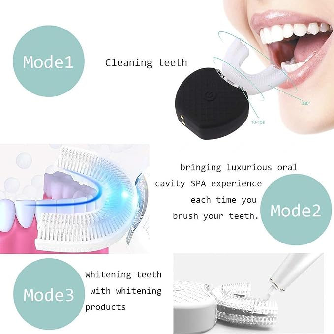 VIDECOR Automatic Electric Toothbrush for Adults, 360 Degree Ultrasonic Electric Toothbrush, 100% Food Graded Silicone Electric Travel U Shape Toothbrush,Pink