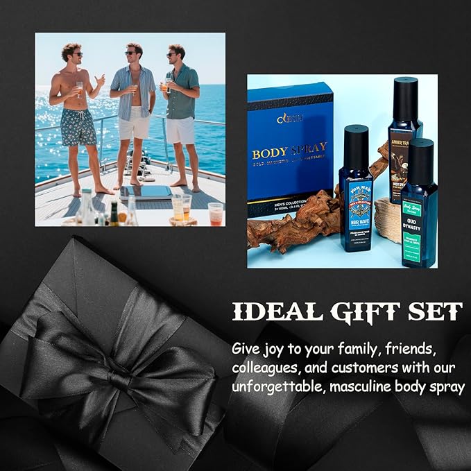 CLESH Fragrance Mist, Body Spray for Men, 3.4 Fl Oz, 3 Pack, Noir Wave, Oud Dynasty, Amber Trail, Long Lasting Mens Body Spray