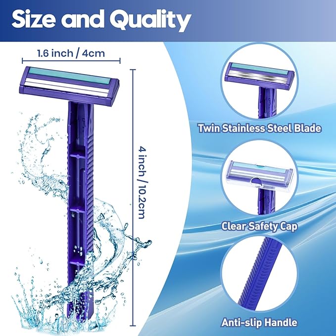 Twin Blade Disposable Razors for Men & Women – 135 Pack Bulk Stainless Steel Shavers with Lubricating Strip & Safety Cap, Non-Slip Handle for Sensitive Skin, Travel, Hotel, Charity (Blue)
