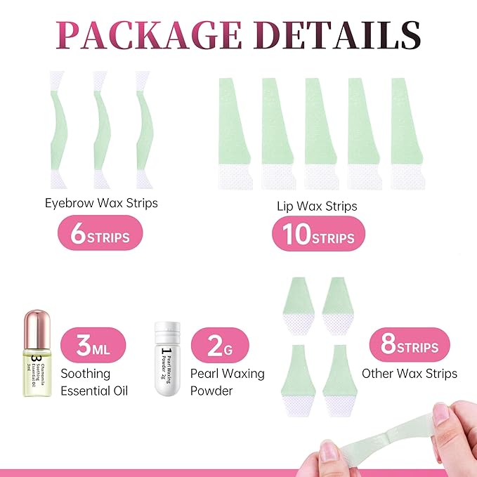 Beauty7 Pre-cut Wax Strips for At-Home Eyebrow, Lip, and Facial Hair Removal - 24 Strips with Pearl Powder and Essential Oil for Sensitive Skin