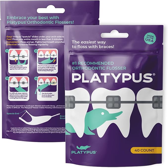 Platypus Orthodontic Flossers for Braces | Ortho Picks for Adults & Kids | Fits Under Arch Wire | Non-Damaging | Encourage Flossing Habits | Floss Teeth in Under Two Minutes (40 Count (Pack of 4))
