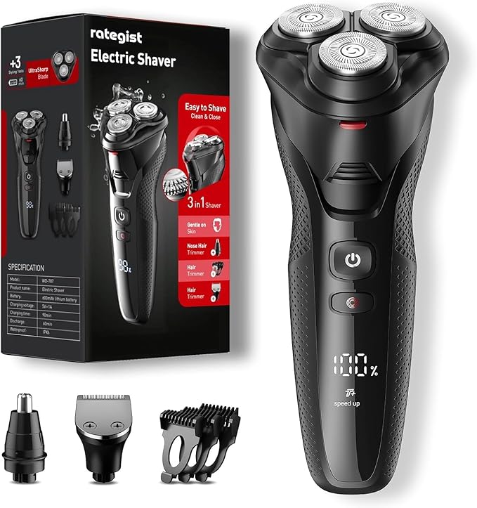 rategist 3-in-1 Electric Razor for Men: IPX7 Waterproof Razors for Men - USB-C Rechargeable, Precision Floating Blades - Wet Dry Shaving, Travel Kit, Beard, Nose & Sideburns