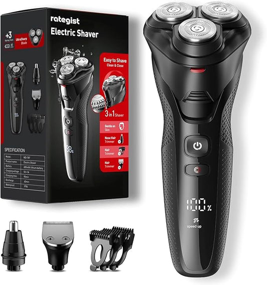 rategist 3-in-1 Electric Razor for Men: IPX7 Waterproof Razors for Men - USB-C Rechargeable, Precision Floating Blades - Wet Dry Shaving, Travel Kit, Beard, Nose & Sideburns