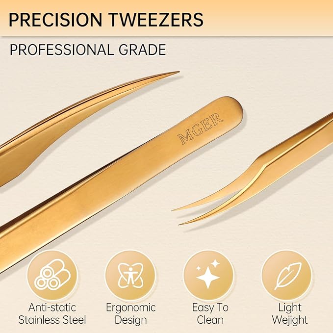 MGER Isolation Tweezers for Eyelash Extensions, Professional Hand Calibrated Dolphin tip Tweezers & eyelash tweezers for lash extensions, Effortless Application with Precision Tweezers, Gold