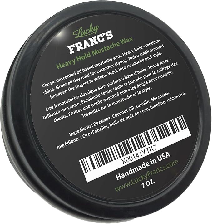 Lucky Franc's Unscented Mustache Wax for Men. Strong Frim Hold Stache Wax For Men's Grooming. All Natural Scent Free Formula With Beeswax And Coconut Oil. USA Made Mustache Styling Wax 2 Ounces