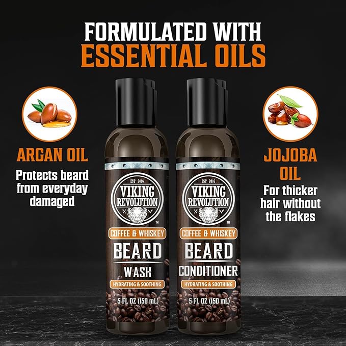 Viking Revolution Ultimate Conditioner for Men's Beard Grooming - Softens, Smoothes and Soothes - Contains Beard Wash and Conditioner (5oz Set), Beard Oil, Balm and Wooden Comb - Coffee Whiskey Scent