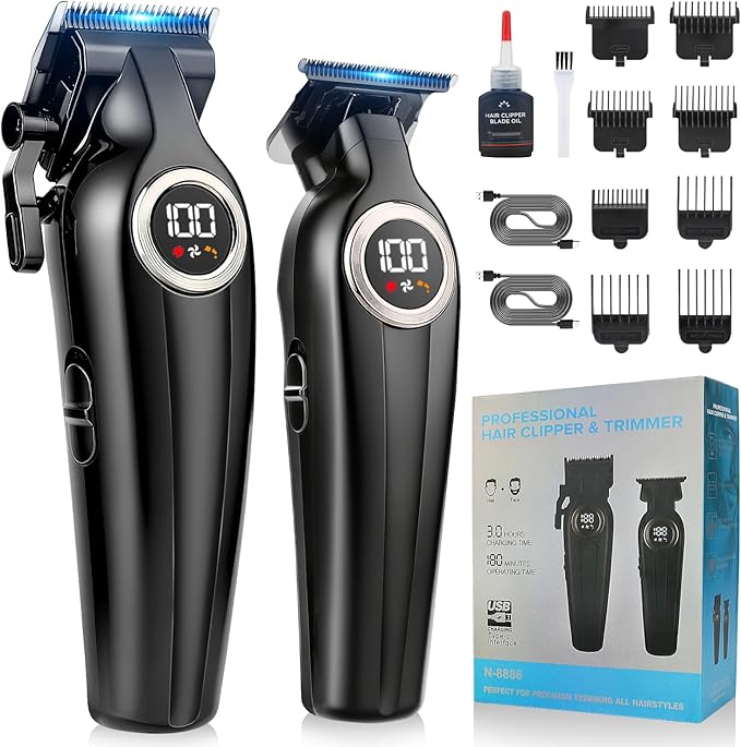Professional Hair Clippers for Men,Cordless Barber Clippers and Trimmers Set with LED Display, Rechargeable Mens Electric Beard Trimmer,Self Haircut Fade Kit & Clipper Oil