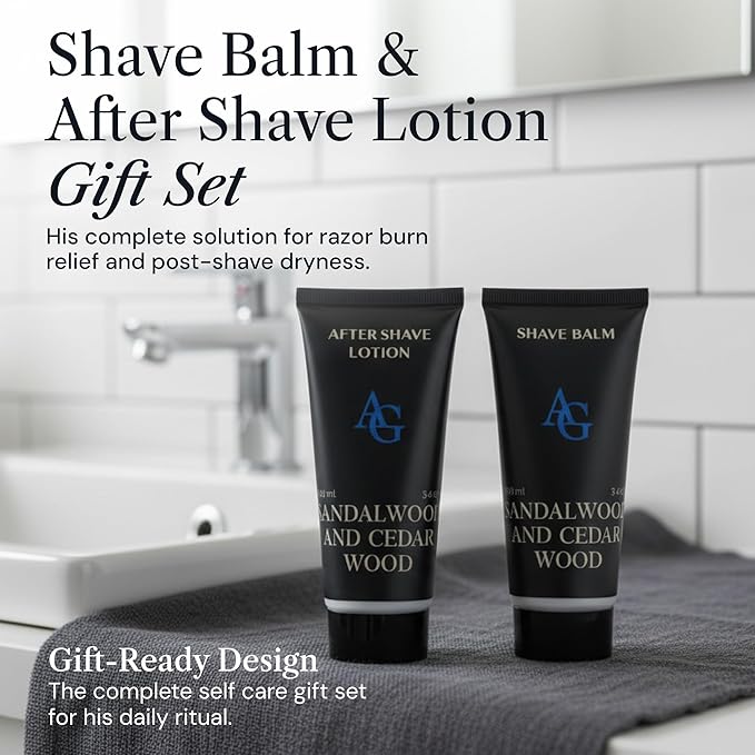 Aftershave for Men Set with Shave Cream and After Shave Lotion - Post Shave Balm for Sensitive Skin - Birthday Gift Idea for Him - 2 x 3.4 fl oz Razor Burn Cooling & Soothes Skin
