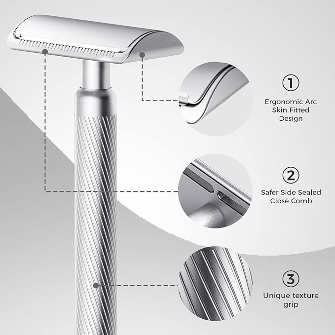 ZOMCHI Double Edge Safety Razor for Men & Women,[New Version 2.0 ] Metal Razor with 10 Double Edge Safety Razor Blades,Single Blade Razor – Noble Silver