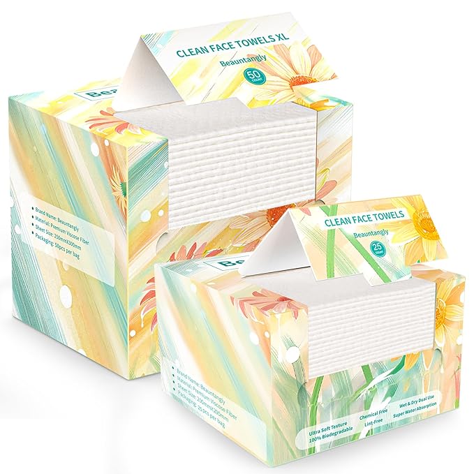 Disposable Face Towel, Soft Thick Absorbent Dual-Sided Biodegradable Facial Cleansing Towels, 75Ct