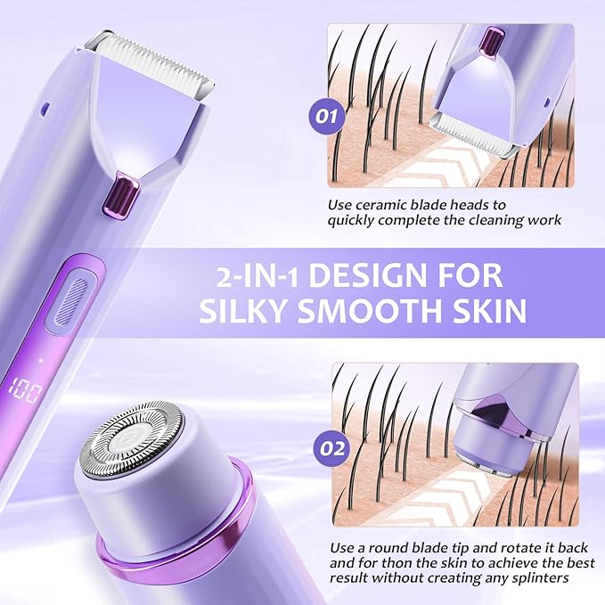 Bikini Trimmer for Women,2-in-1 Electric Shaver, Rechargeable Pubic Body Hair Trimmer Electric Shaver for Legs Body Hair,Dual Head Electric Razors Shaver, for Ladies Pubic, Face, Underarms, Legs