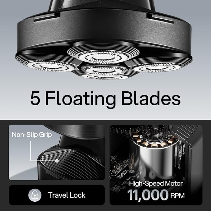 yoose Head Shavers for Bald Men, IPX7 Skin Close Electric Razor for Men (Ergonomic Design, USB-C, 90-Min Usage, 5 Floating Cutting Heads), Intelligent PID Control, Battery Indicator, H5 Black