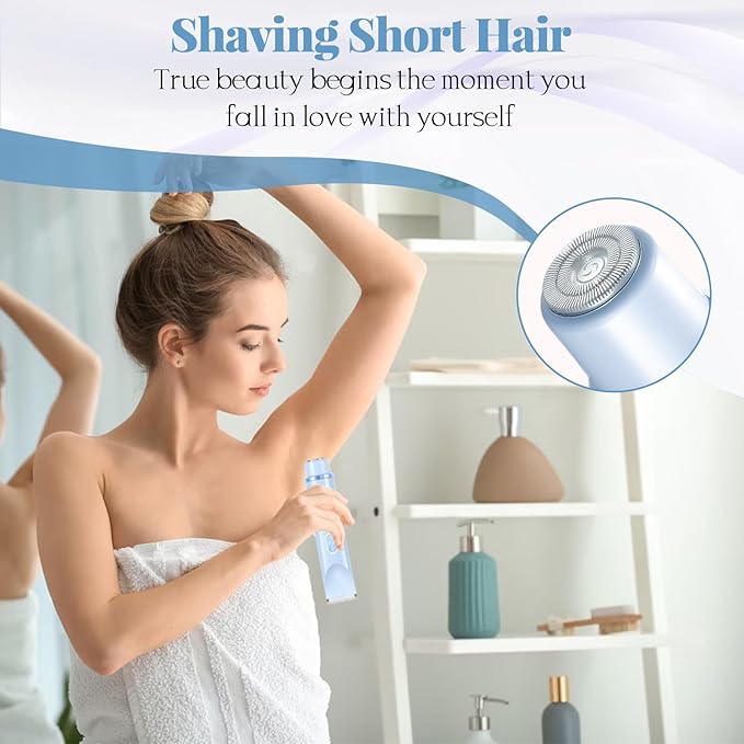 Bikini Trimmer for Women, 2-in-1 Painless Dual Head Shaver Women with Painless Ceramic Blades, Waterproof Electric Razors for Body & Face, Holiday Gift for Her (Blue)