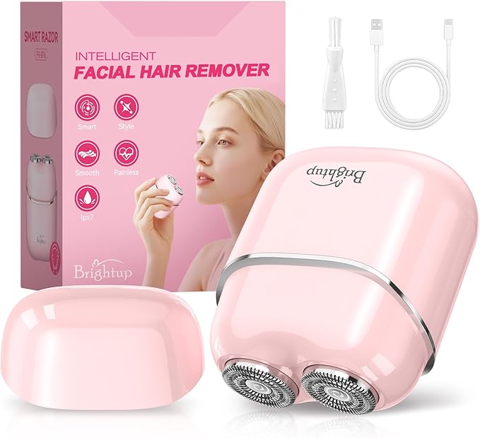 Brightup Facial Hair Remover for Women - Painless Electric Face Shaver for Peach Fuzz on Lip & Chin, USB-C Rechargeable & Waterproof, Mini Size Portable for Smooth Skin On-The-Go (Pink)