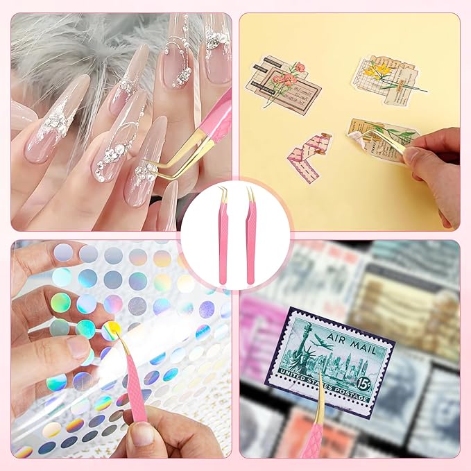 2PCS Professional Lash Tweezers Set, Bent & Straight Tip Precision Eyelash Extension Tweezers for False Lashes, Non-Slip Grip