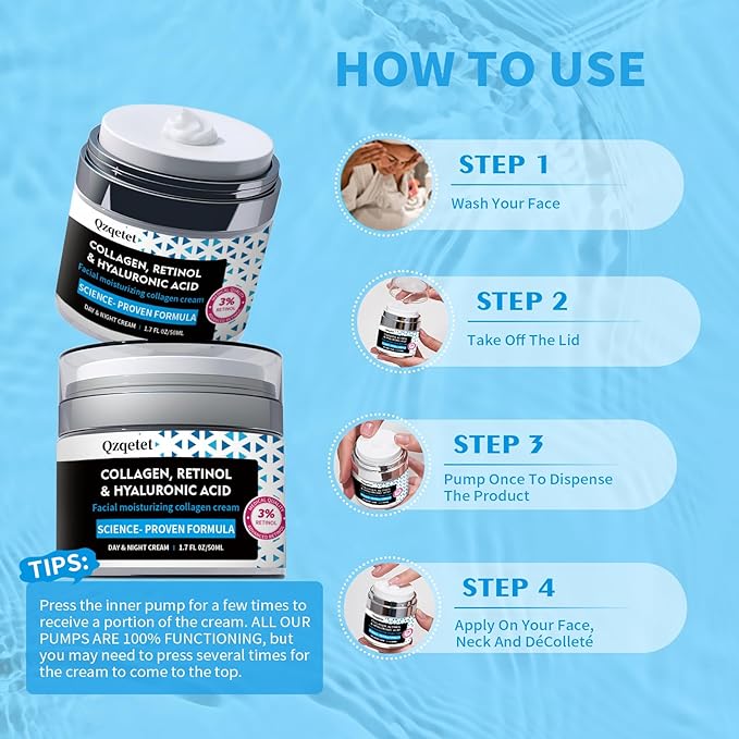 Face Cream Collagen, Retinol & Hyaluronic Acid Cream, 1.7 fl.oz Anti-Aging Facial Moisturizer, Daily Moisturizer Face Lotion for All Skin Tapes, Women and Men