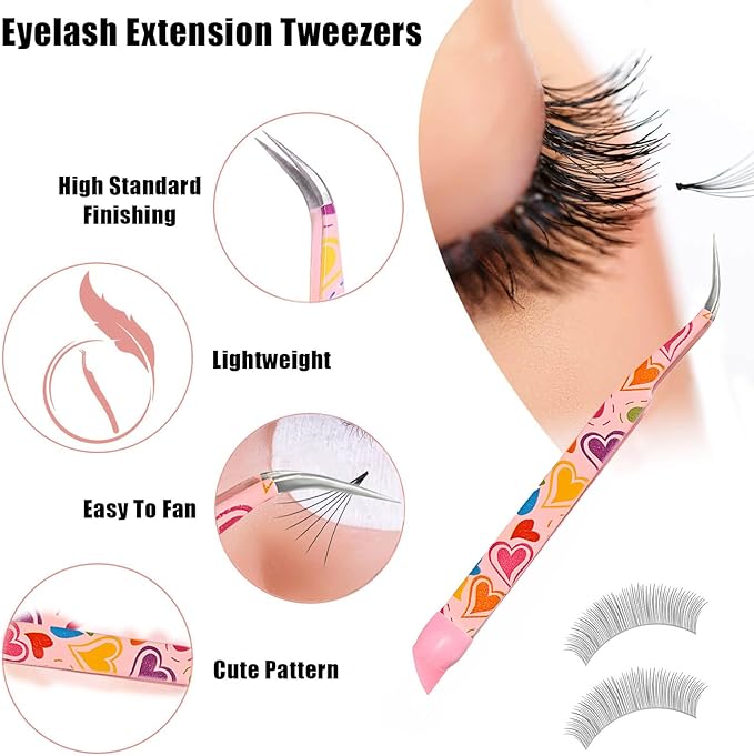 Lash Tweezers for Eyelash Extensions, Stainless Steel Eyelash Extension Tweezers for Volume, Facial Hair, Eyebrow, Hair Removal, Crafting Making