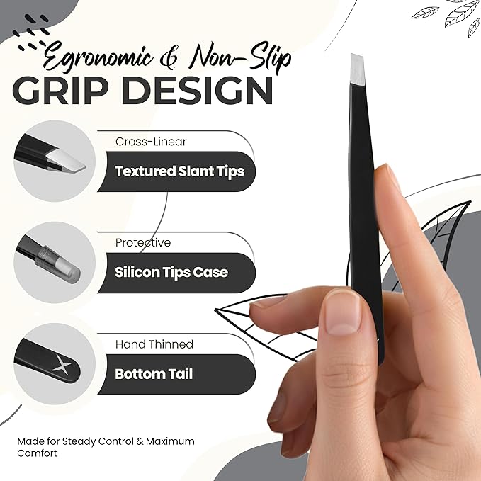 Professional Slant Tip Eyebrow Tweezers for Women & Men – Precision Hair Removal Tool – Stainless Steel Tweezers for Eyebrow Shaping, Facial Hair, Ingrown Hair & Splinter Removal (Lustrous Black)