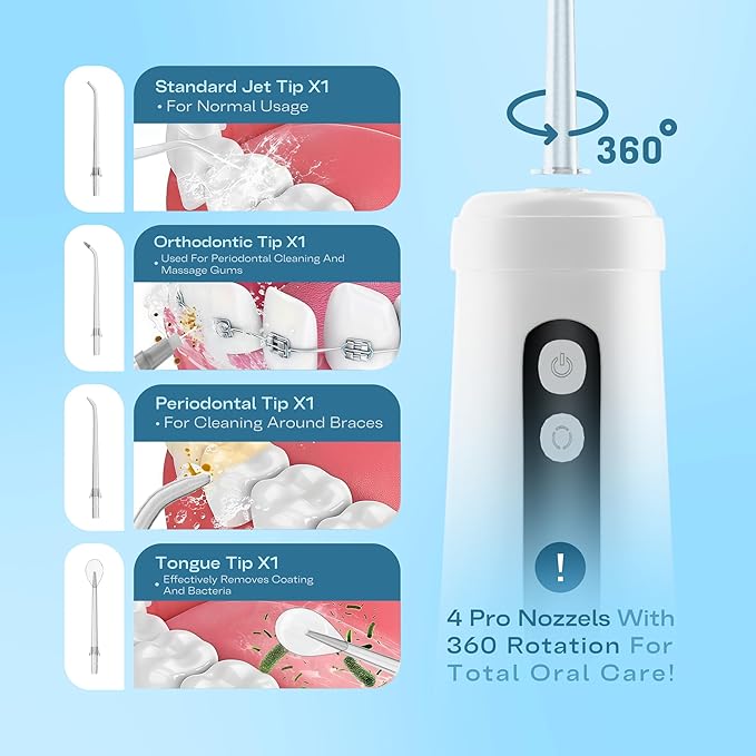 Cordless Water Flosser | Oral Irrigator for Sensitive Gums & Braces | Built-in Light for Self-Cleaning |4 Tips 2 Modes 18 Pressure Settings, Bag | Portable Water Flossers Rechargeable & Waterproof