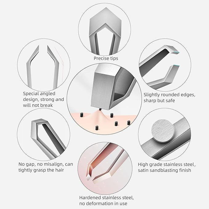 Beard Tweezers, White Hair Plucking Tweezers, Stainless Steel, Fine Hair Removal Tweezers, Eyebrows Shaping Tool, 5mm Tip, Clear Box 2Pack