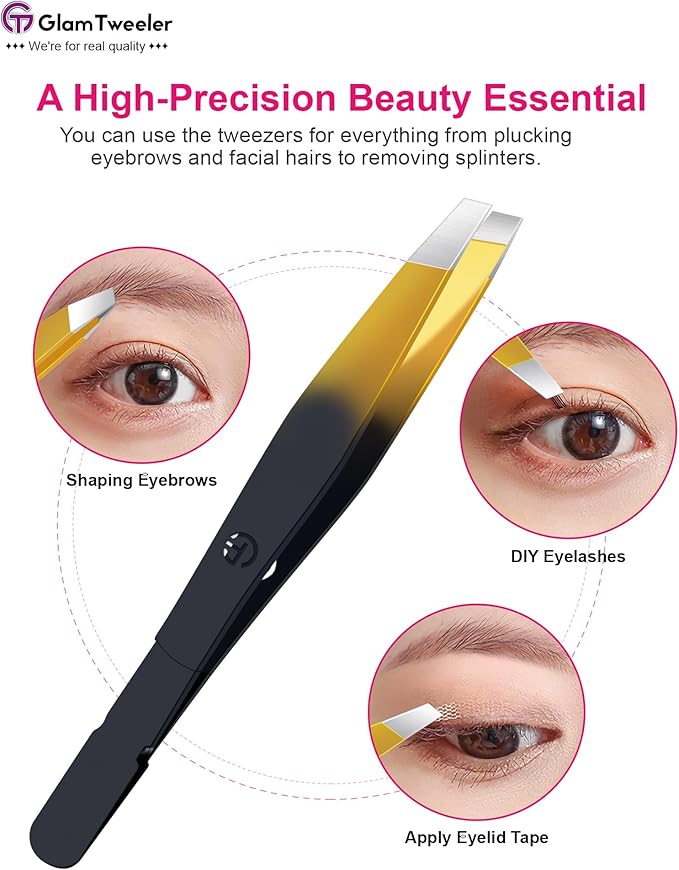 G-01 Exclusive Slant Tip Tweezers, GlamTweeler High Precison Expert Eyebrow and Facial Hair Removal Tweezer with Leather Storage & Carrying Case (Black & Gold)