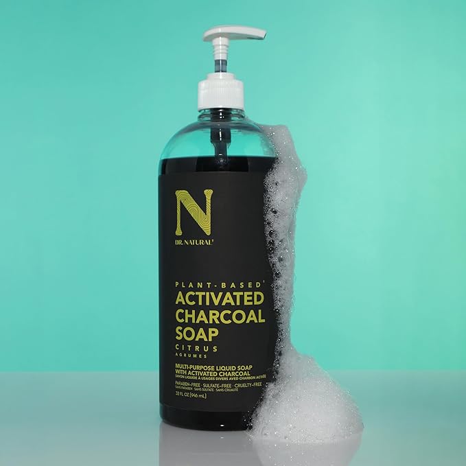 Dr. Natural Activated Charcoal Liquid Soap - Combat Acne and Blemishes - Deep Cleansing Body Wash - Gentle Body Soap for Clear Skin - Citrus - 32 oz