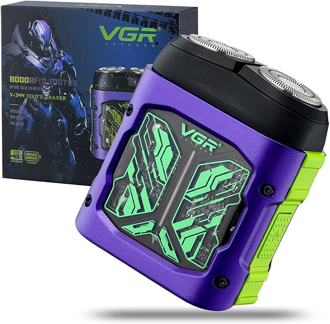 VGR 344 Mini Electric Shaver - USB Rechargeable Dual-Ring Rotary Razor, Portable IPX6 Wet/Dry Waterproof Face Shavers for Men, 8000 RPM Travel Electric Razor with Magnetic Cutter, Purple