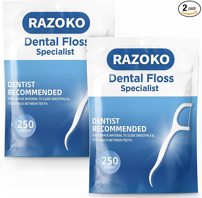 RAZOKO Dental Floss Picks 500 Count, Unflavored Disposable Flossers, High-Tension Shred-Resistant Flossers for Teeth & Gum Cleaning, PTFE & PFAS Free, Portable Oral Care Tool for Home & Travel