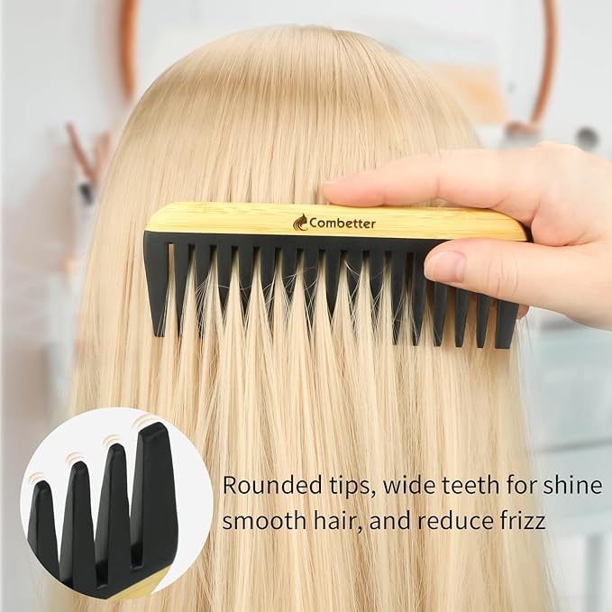 Combeter Bambooo Wide Tooth Comb for Thick,Wavy & Curly Hair and Beard - Anti-Static Durable Bakelite & Eco-Friendly Wooden Large Tooth Detangler Hair Comb| Soothing Frizz Control for Women, Men