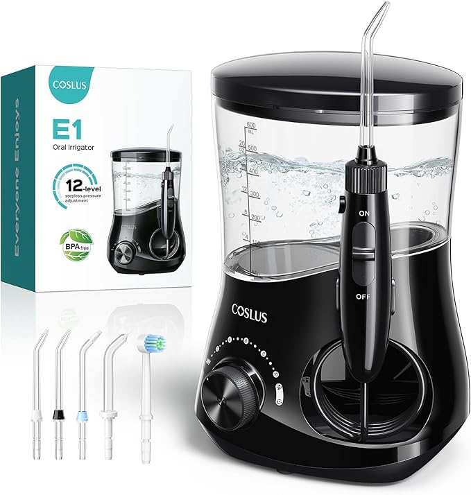 COSLUS E1 Professional Water Flosser for Teeth: 12 Pressure Settings Electric Dental Pick for Tooth Cleaning, Sensitive Gums, Braces, Oral Care - Home Use, 4 Jet Tips for Multiple Users, Family