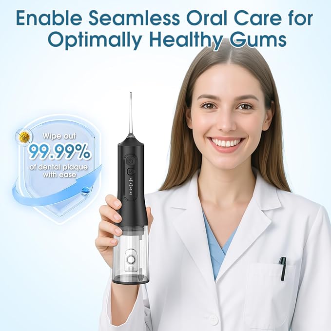 Water Flosser, Rechargeable 300ML IPX7 Waterproof Cordless Portable Oral Irrigator with 4 Modes & 6 Replaceable Jet Tips-Professional Flossing Cleaner for Daily Home Use,Travel,Gums,Braces Care-Black