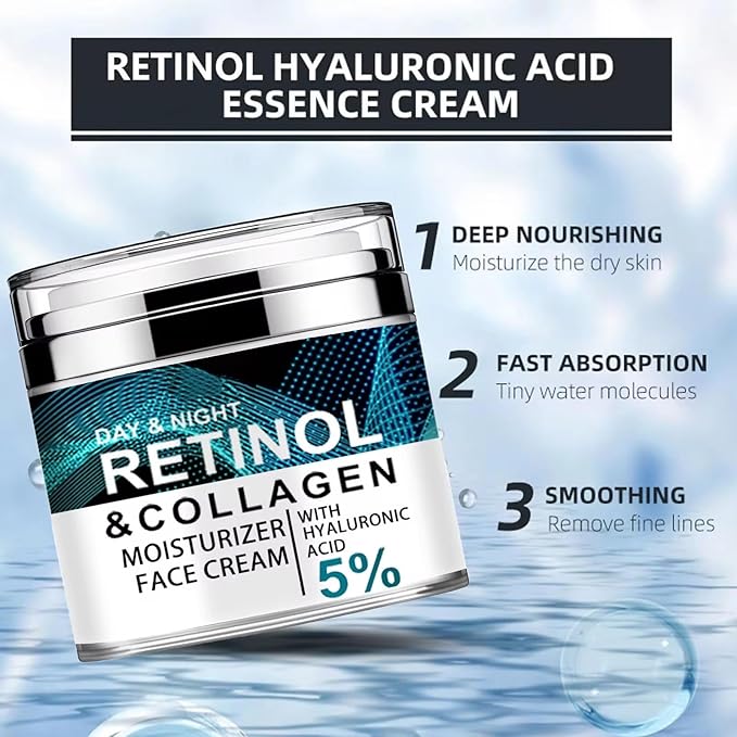 Retinol Cream for Face with Collagen and Hyaluronic Acid, Hydrating Face Lotion, Rapid Wrinkle Repair, Anti Aging Facial Moisturizer Day and Night for Women and Men 1.7Fl Oz