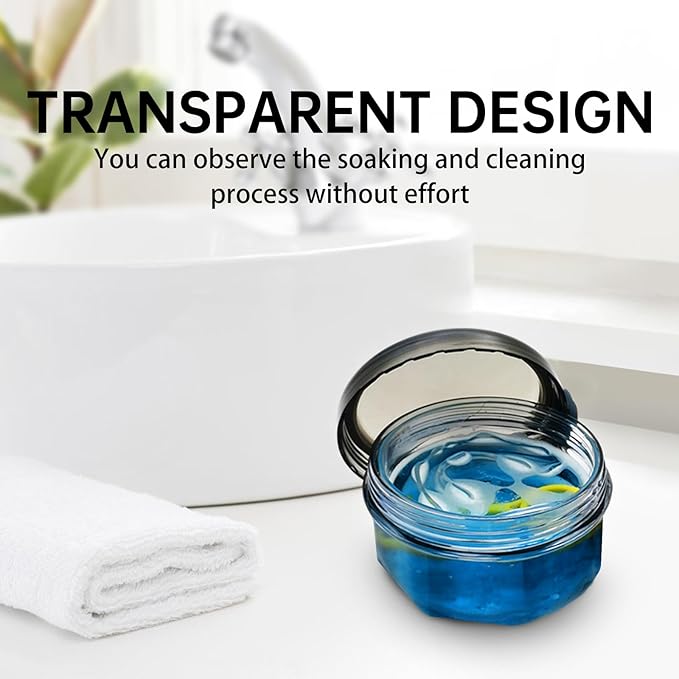 Leak Proof Denture Cups for Soaking Dentures with Strainer Basket and Brush, Partial Denture Bath Case Travel Retainer Cleaning Container Case for Aligner, Denture, Mouth Guard - Transparent Black