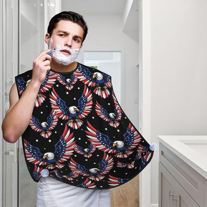 Adjustable Beard Catcher Apron, American Flag and Bald Eagle Patriotic Black Shave Bib, Non-Stick Waterproof Grooming Bib, Shaving Essential for Men Dad Christmas