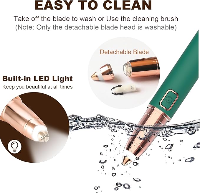 Eyebrow Trimmer for Women - Electric Eye Brow Razor with LED Light Painless & Easy Clean for Eyebrows Face Nose Ear Hair Chin Lips Peach Fuzz Bikini Lines & Other Detailing - Battery Operated (Green)