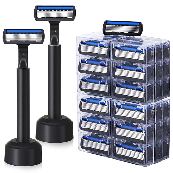 34 Pcs Refillable 6-blade Disposable Razors for Men Set Sensitive Skin Razors Shaving Kit for a Smooth and Comfortable Shave, 2 Handle and 32 Cartridges