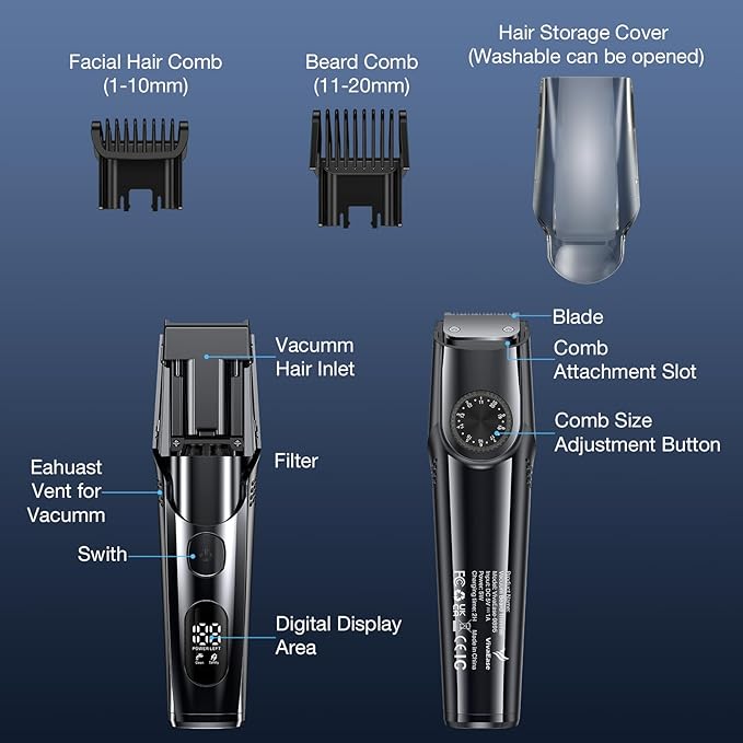 Vacuum Beard Trimmer for Men, New Version Adjustable Precision Trimming Length with 2 Comb, Electric Cordless Vacuum Trimmer for Beard, Waterproof and Rinses Easy, Blades for Skin fit