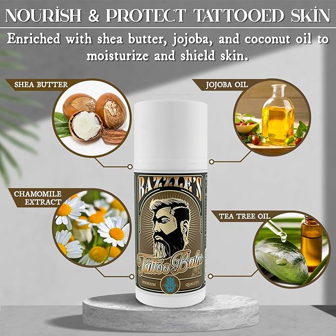 Bazzle's Beard Tattoo Balm – Premium Tattoo Aftercare Balm for Vibrant Ink, Moisturizing Lotion & Ointment for Old & Faded Tattoos, Care Cream for Long-Lasting Color & Deep Hydration, After Inked Gift