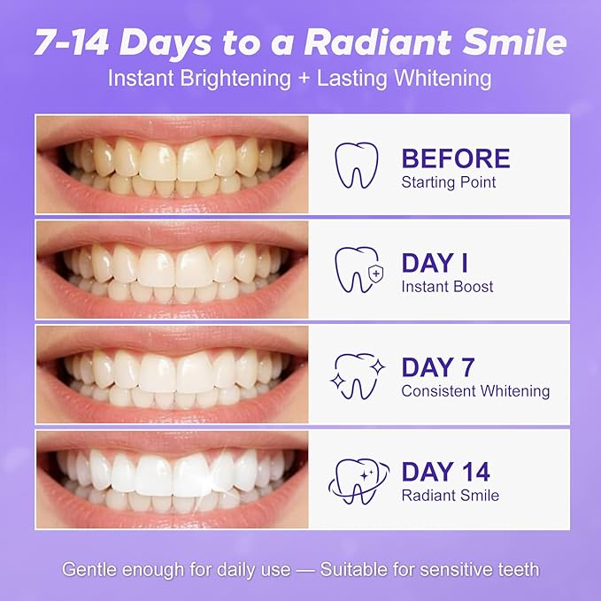 Teeth Whitening Strips 21 Treatments - 21 Days Treatment with Non-Slip & Enamel-Safe & No-Sensitivity, Teeth Whitening Kit for Coffee, Wine Stains Removal Fastly (42 Strips - Purple)