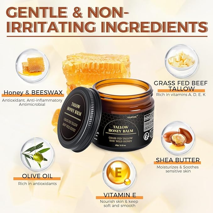 Beef Tallow for Skin, Tallow and Honey Balm for Face, Organic Grass-fed Beef Tallow Face Moisturizer for Deep Nourish and Soothe Dry Skin (2.12oz/60g)