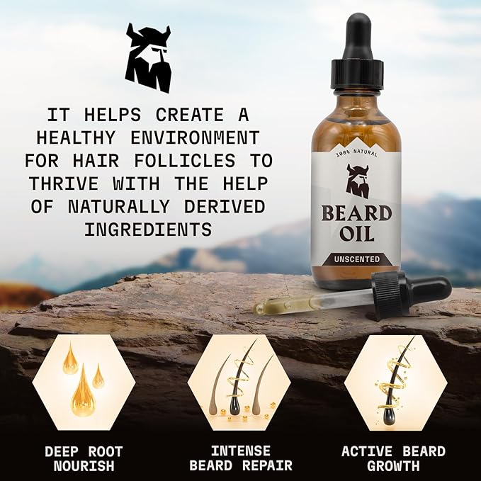 Striking Viking Unscented Beard Oil for Men - 2 Fl Oz, Fragrance-Free - Clear Beard & Mustache Conditioner with Jojoba & Argan Blend, Almond & Tea Tree Oils for Growth & Sensitive Skin