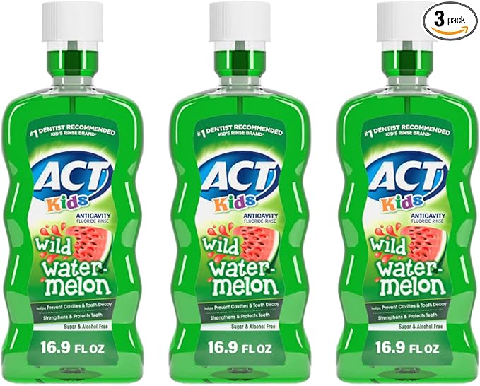 ACT Kids Anticavity Fluoride Mouthwash, Sugar & Alcohol Free Mouth Rinse Strengthens Teeth, Wild Watermelon, 16.9 fl. oz., 3 Pack