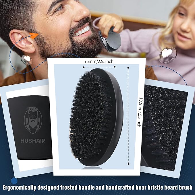 Beard Brush 5-in-1 Set for Men - Natural Boar Bristle Brush & Beard Pen Filler，Stainless Steel Beard Comb/Combing Brush/Ramie Storage Bag - Great for Grooming Beards and Mustaches