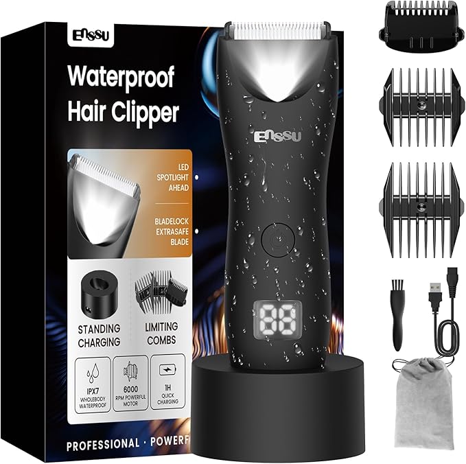 Body Hair Trimmer for Men with Light, IPX7 Waterproof Ball Pubic Groin Hair Trimmer for Men with Ceramic Blade, Rechargeable Body Groomer for Man with Charing Dock& LED Display,Black
