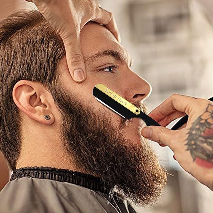 Professional Straight Razors For Men, Barber Razors, Straight Edge Razor Kit For Close Shaving - Beard Cut Throat Straight Razor Safety Shavette - 10 Shaving Blades By Krisp Beauty (Black/Gold)