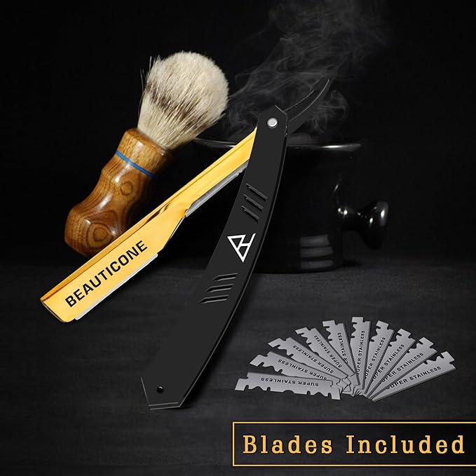 BEAUTICONE Straight Razors for Men, Straight Edge Razor, 100 Single Edge Blades, Stainless Steel, Barber Razor for Men's Shaving, Barber Shaving Knife, Slide-Out